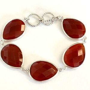 925 Sterling Silver Genuine Carnelian Faceted Teardrop Chain Link Bracelet 7"
